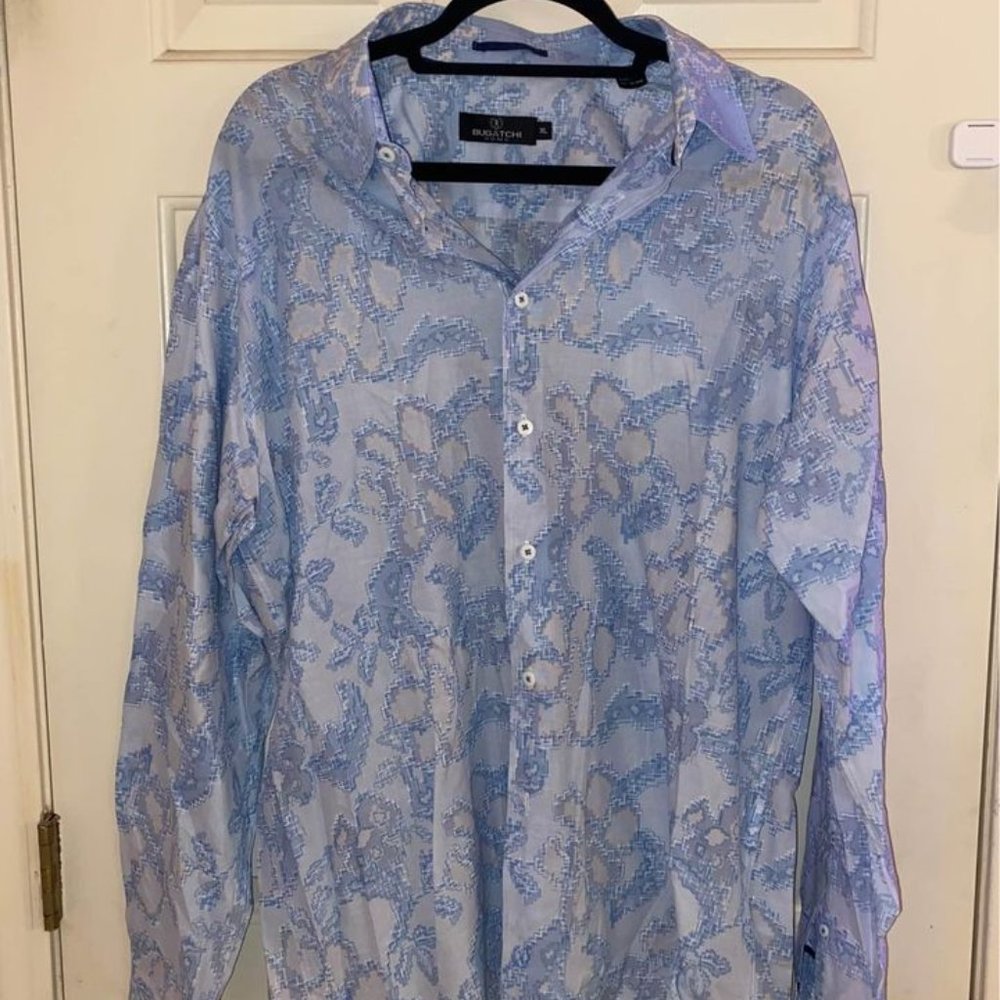 Bugatchi Uomo Blue and White Long Sleeve Button Down Men's